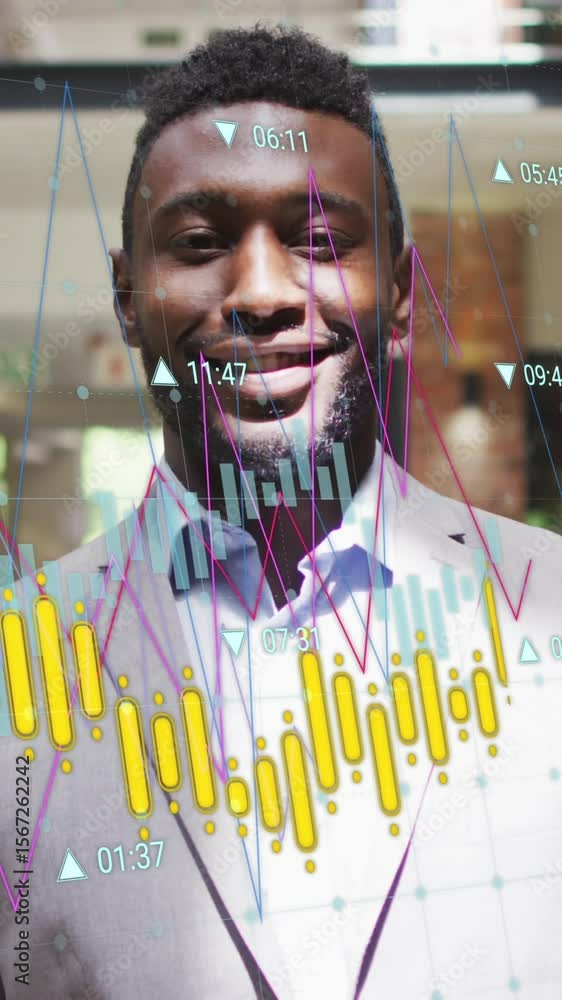 Poster animation of multiple graphs with changing numbers over smiling african american man