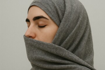 Fototapeta premium Minimalist portrait of a serene woman wearing a grey hijab with eyes closed, symbolizing peace, modesty, spirituality, inner calm, faith, and cultural identity in soft light