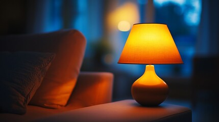 Warm Lamp Illuminates Cozy Living Room, Creating Relaxing Ambiance, Soft Lighting.