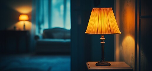 Warm Lamp Illuminates Serene Interior, Soft Light, Cozy Ambiance, Pleated Shade.