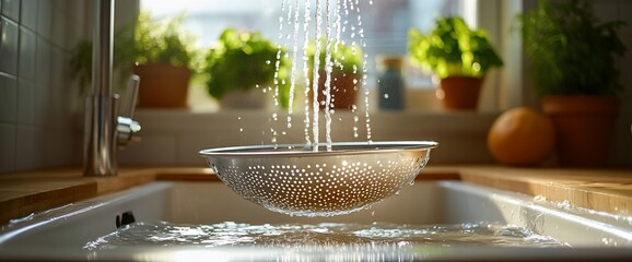 Water Rinsing Colander in Kitchen Sink, Freshness, Cleanliness, Natural Light.