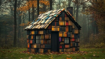 Whimsical Book House in Autumn Forest: Literary Dreamscape, Cozy Retreat.