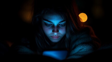 Woman Illuminated by Phone Screen in Darkness, Blue Light, Bokeh Background.