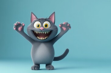 3D Funny cartoon cat with open mouth on blue background, Ai Generated