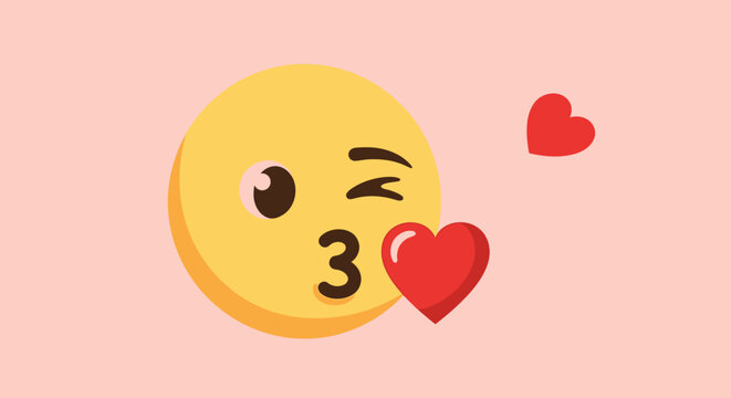 A winking yellow emoji with a heart near its mouth, on a light pink background.