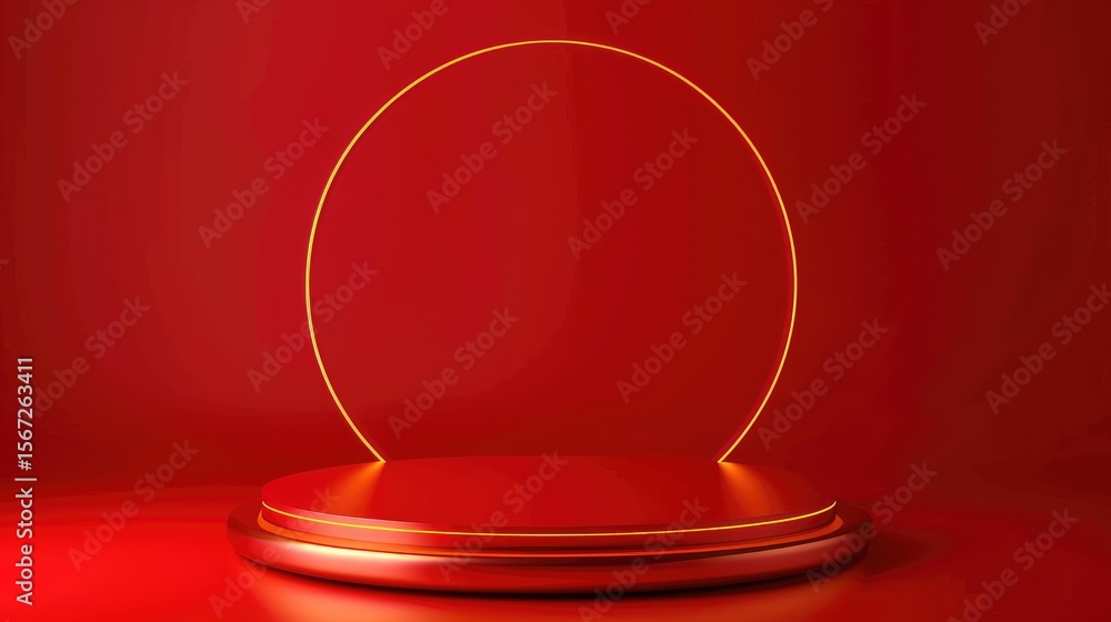 Poster a minimalist red display platform with a circular frame, ideal for presentations or showcases.