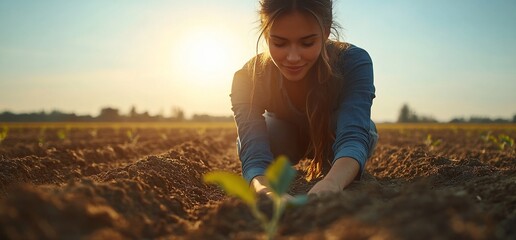 Young Woman Planting Seedling in Field at Sunset, Agriculture Concept
