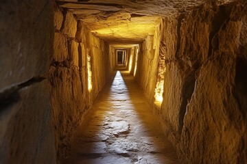 Obraz premium Ancient stone tunnel illuminated with warm lights creating a mysterious and adventurous atmosphere, perfect for exploration, history, and archaeology concepts
