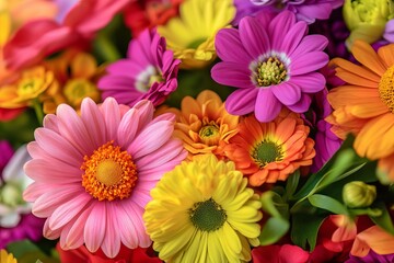 Fototapeta premium Vibrant colorful spring flower bouquet with daisies and gerbera blossoms creating a cheerful and uplifting floral arrangement for joyful occasions