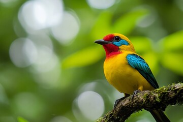 Obraz premium Colorful tropical bird perched on a branch in lush green forest with vibrant feathers and soft natural bokeh background