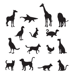 Black silhouette outlines of various animals are arranged on a white background