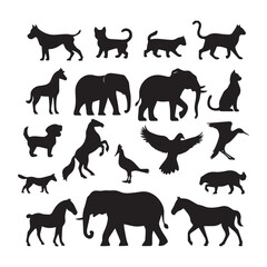 Black silhouettes of various animals including dogs cats horses elephants and birds on a white background