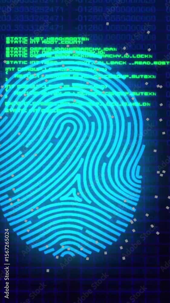 Poster animation of data processing over biometric fingerprint on dark background