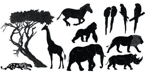 Black silhouettes of African wildlife giraffe zebra lion elephant rhino leopard gorilla parrots  a tree