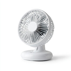 Compact white desk fan providing cool air in a modern workspace with a minimalistic design