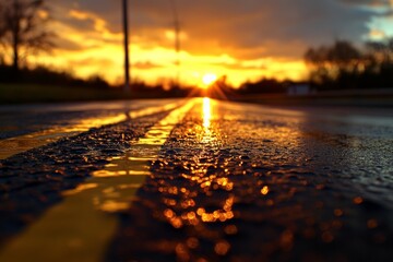 Wet Asphalt Road at Sunset with Golden Light