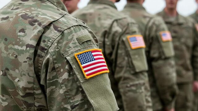 US Army Soldiers in Camouflage Uniforms with American Flag Patches