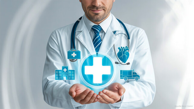 A professional medical illustration showing a male doctor in a white lab coat and blue striped tie holding a large glowing blue medical cross symbol in their cupped hands.