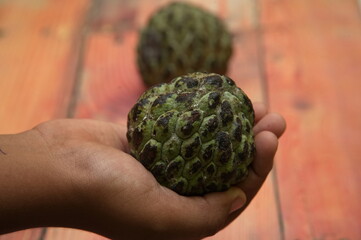 three srikaya or Annona squamosa fruits isolated on a white background. epic shot of custard apple...