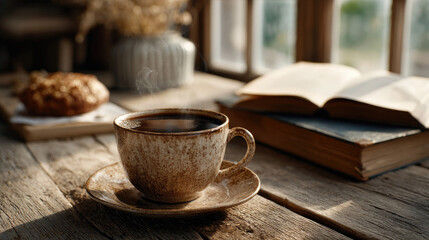 Fototapeta premium Quiet coffee time with early light corner concept. Cozy coffee cup beside an open book and a tasty pastry.