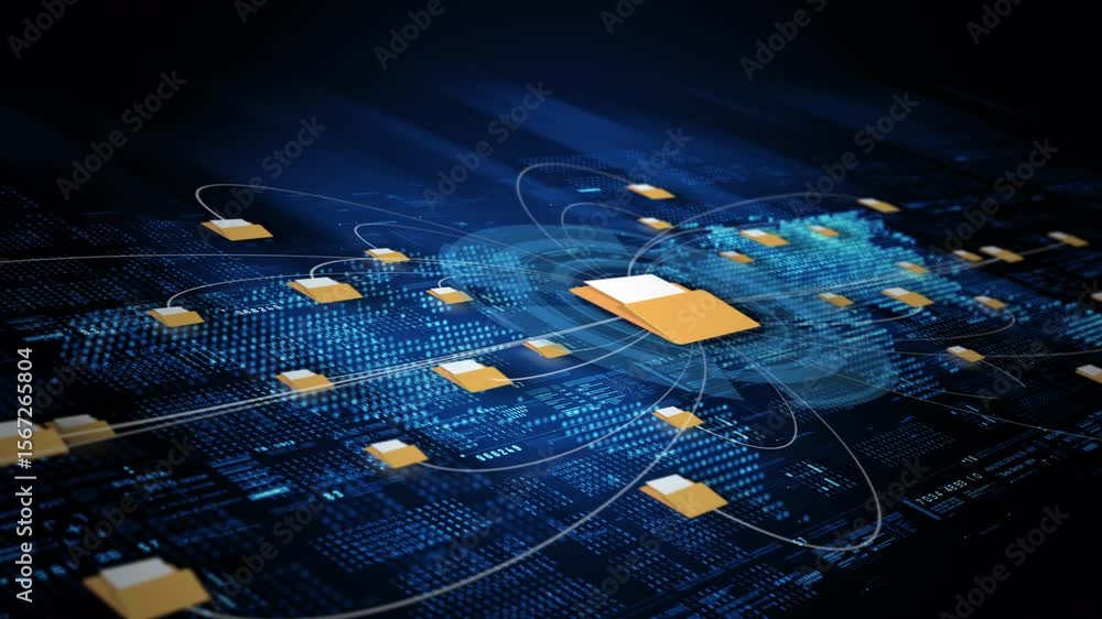 Poster abstract concept of data file sharing network showing folders connected across a glowing blue digita