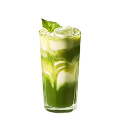 Refreshing, layered matcha drink in a tall glass isolated on transparent background.