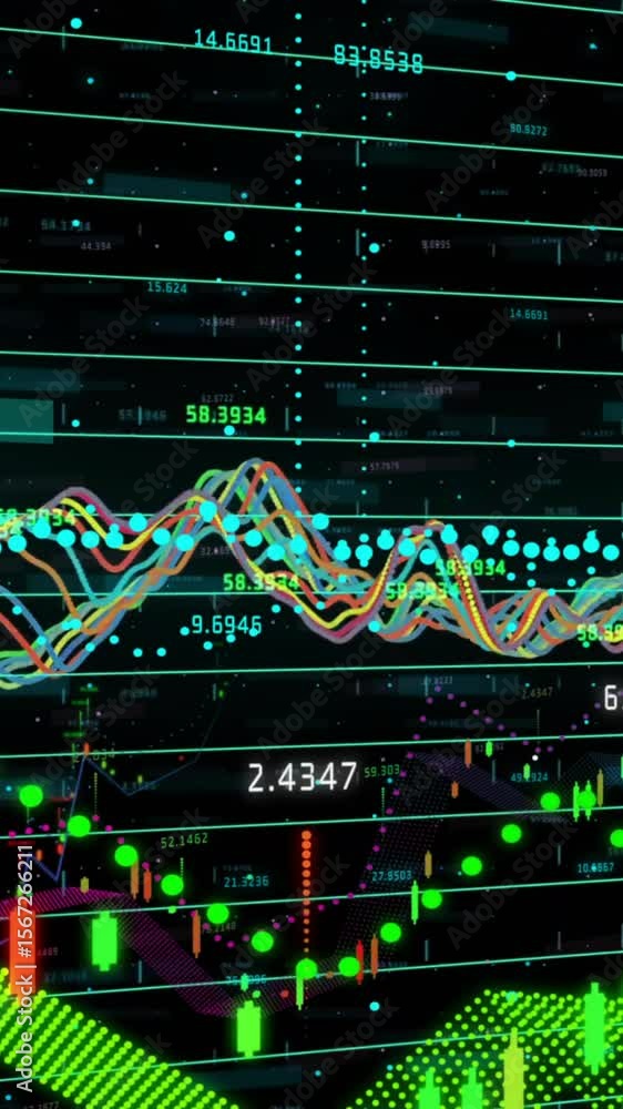 Aufkleber animation of financial data processing over grid on dark background