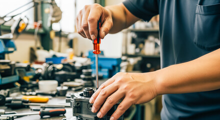機械の部品を整備する男性