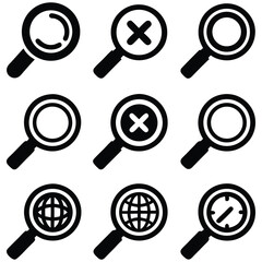 Vector art showcasing assorted magnifying glass icons with different symbols displayed in a bold, graphic design style.