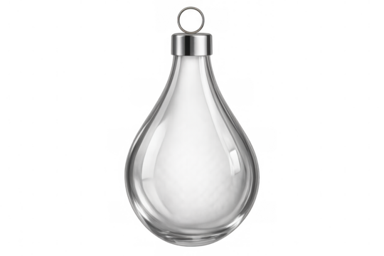 Transparent teardrop shaped christmas ornament with silver top hanging on transparent background