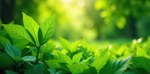 Sunlit Green Leaves in a Vibrant Garden Peaceful Spring Nature Scene, Perfect for Relaxation and Nature-themed Designs