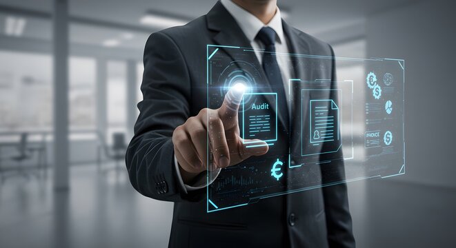 Businessman Interacting with Holographic Audit Interface