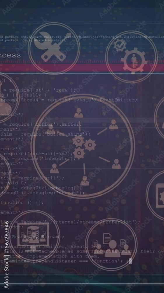 Aufkleber animation of financial data processing over network of icons