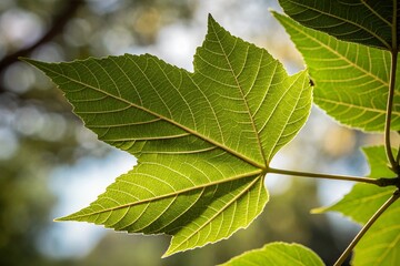 Primer plano de una hoja verde iluminada con luz solar