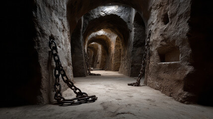Dark oppressive labyrinth of ancient crumbling stone walls with heavy chains hanging