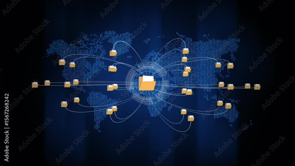 Poster global data file sharing network showing folders connected over a digital world map, perfect for clo
