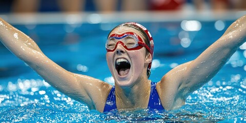 A champion swimmer celebrating after winning a gold medal