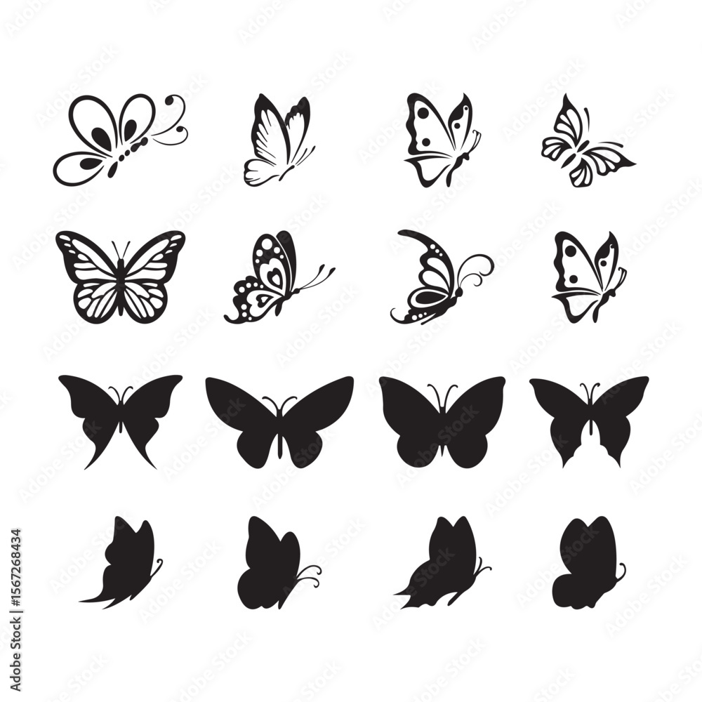 Poster an assortment of butterfly silhouettes and line drawings arranged in a grid pattern