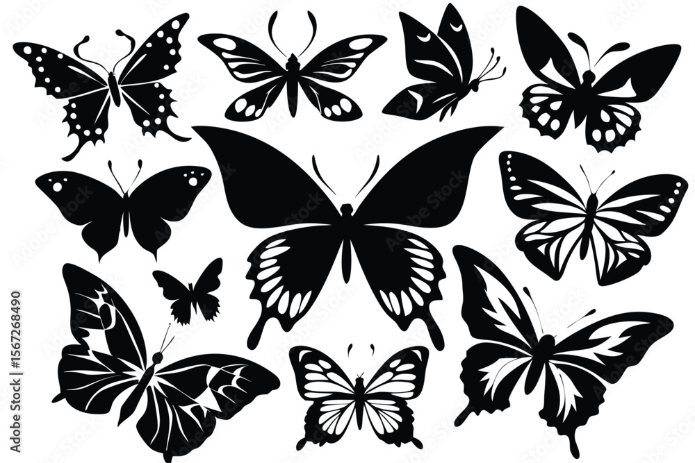 Poster an image of a collection of intricately designed butterfly silhouettes of varying sizes and wing pat
