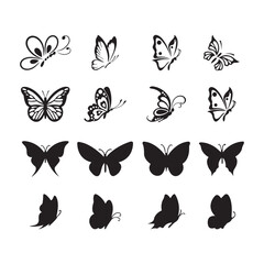 An assortment of butterfly silhouettes and line drawings arranged in a grid pattern
