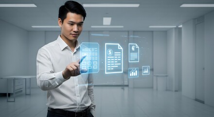Asian Man Interacting with Holographic Financial Data in Modern Office Space