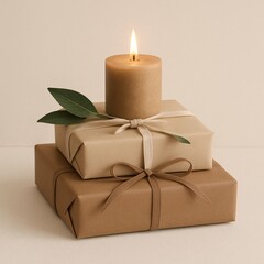 Minimalistic eco-friendly gift wrapping with a lit beige candle and green leaf on stacked neutral paper packages, creating a warm, natural, and sustainable holiday or celebration aesthetic.


