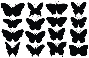 Collection of sixteen butterfly silhouettes arranged in a grid showcasing various wing shapes and antenna positions