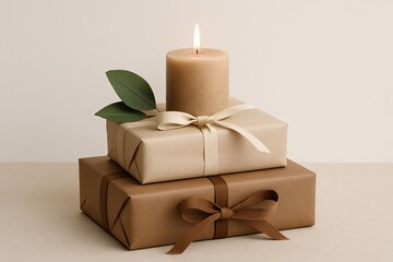Minimalistic eco-friendly gift wrapping with a lit beige candle and green leaf on stacked neutral paper packages, creating a warm, natural, and sustainable holiday or celebration aesthetic.

