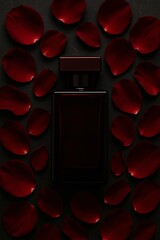 Luxurious dark perfume bottle surrounded by red rose petals on a black background, creating a sensual, romantic, and elegant flat lay perfect for fragrance branding and advertising visuals.

