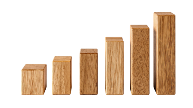  Wooden Block Bar Chart Showing Increasing Height on Transparent Background