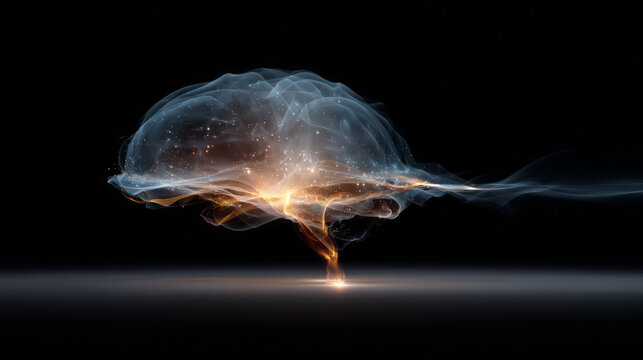 Glowing abstract brain shape made of light and smoke with bright particles on black background