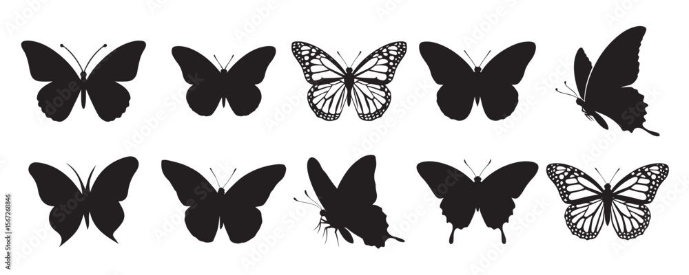 Poster set of ten butterfly silhouettes in various shapes and styles arranged in two rows on a white backgr