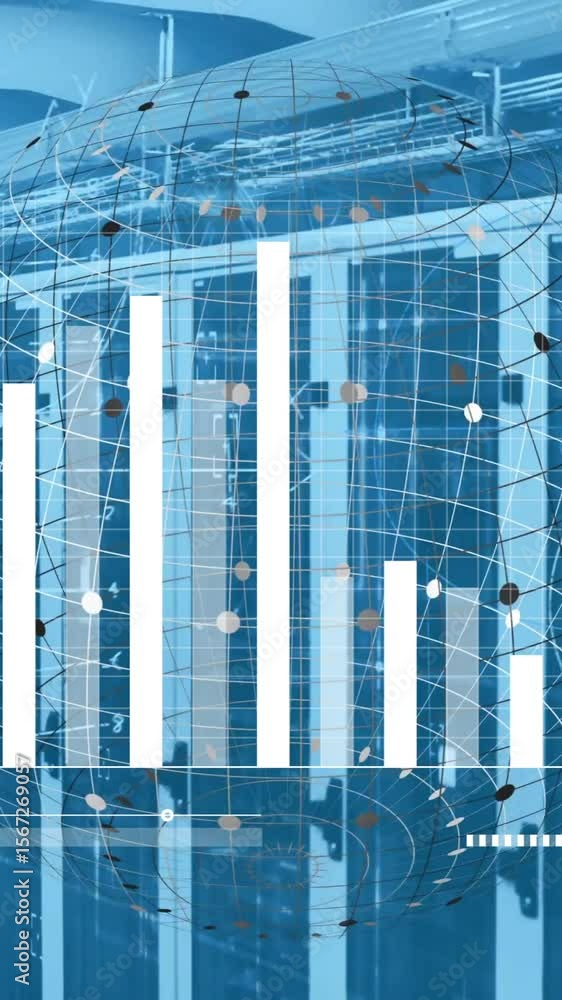 Poster animation of diagrams with globe and data processing over server room