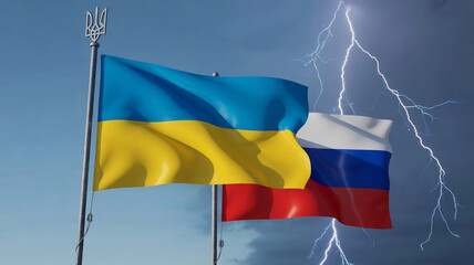 Ukrainian and Russian Flags in Storm with Lightning Symbolizing Conflict [AI-Generated]